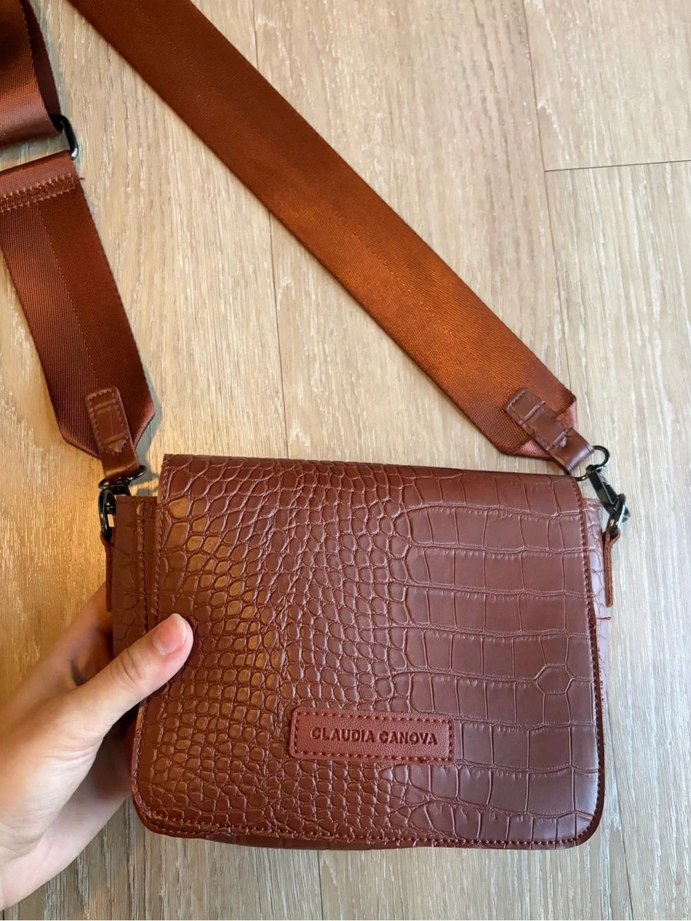 Brown Croc-Embossed Crossbody Bag